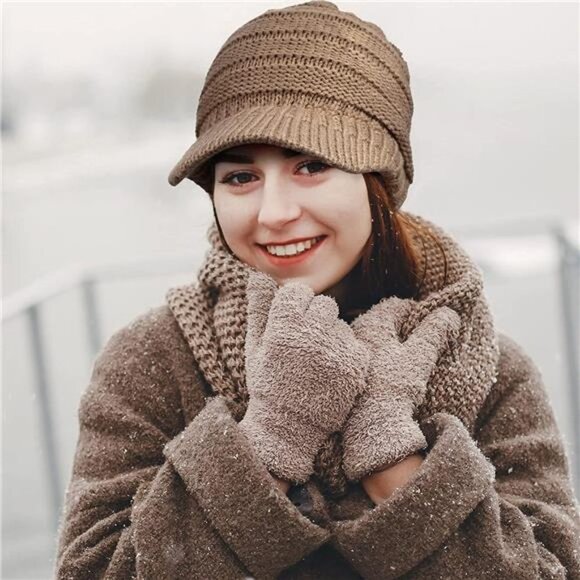 Women\'s 4 Pieces Winter Knit Hat with Visor Warm Newsboy Skull Cap main image 7